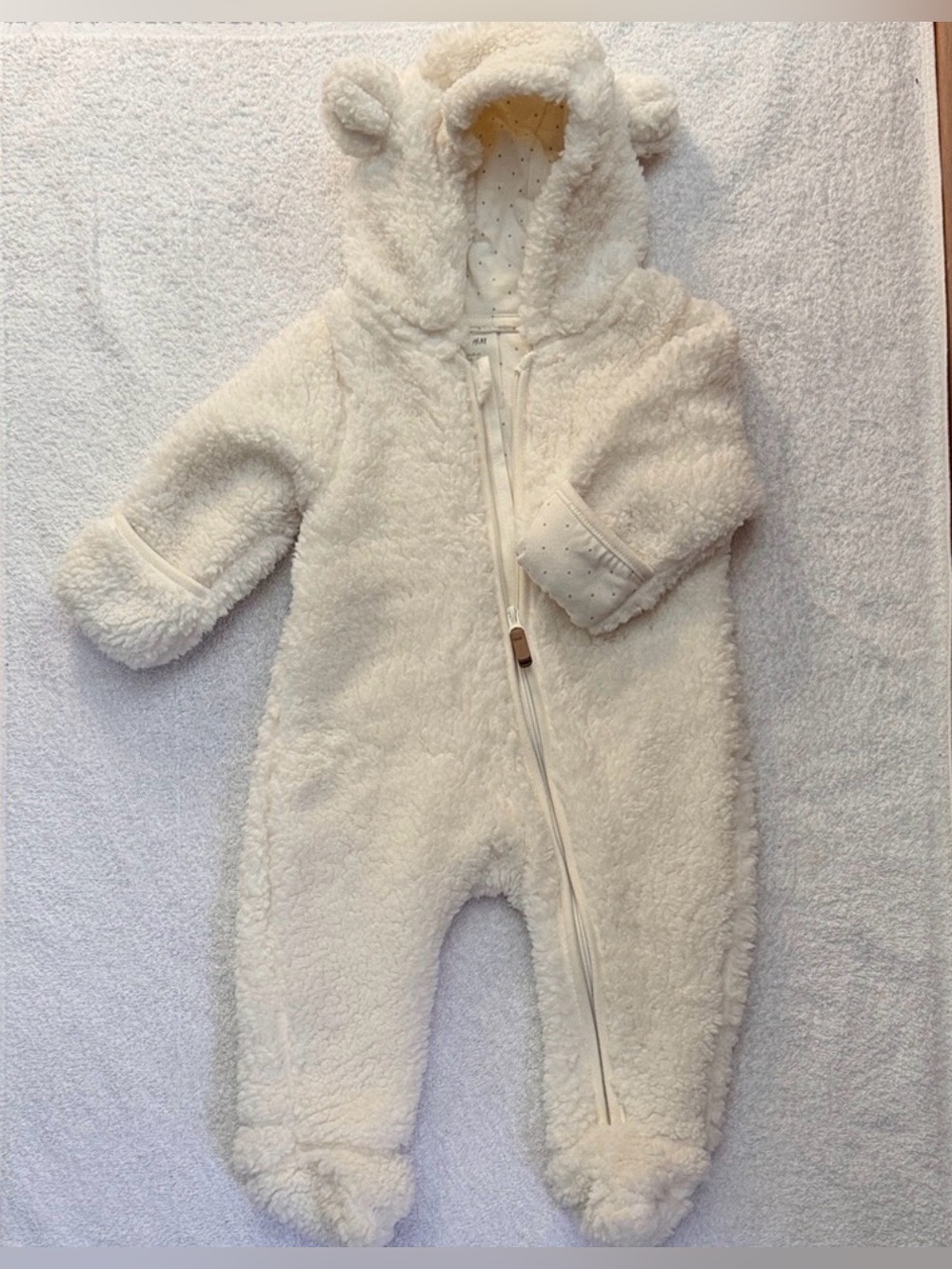 H&M Sherpa Fleece Pile Baby Bunting Snowsuit Teddy Bear Ears Full Zip Lined Cozy